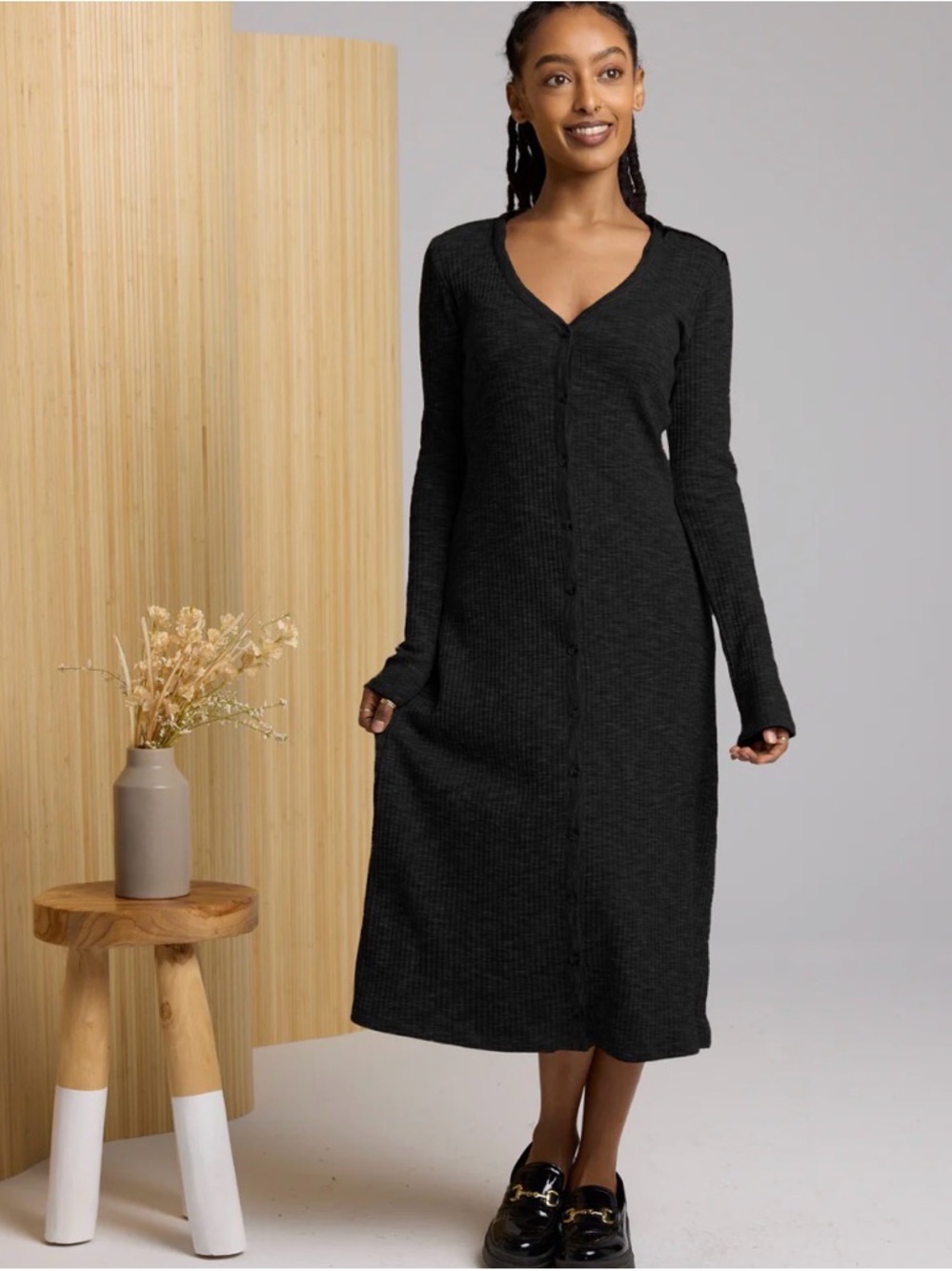NWT Known Supply LORELEI DRESS Ribbed Stretch Button Front - BLACK XL